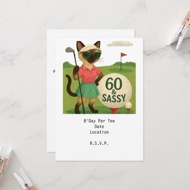 Invitation Golfer 60e anniversaire pour Amoureux des chats (Devant/Arrière en situation)