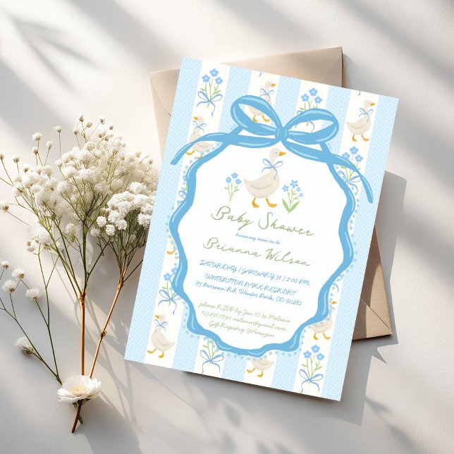 Invitation Goose nursery rhymes baby shower (Silly Goose nursery rhymes pastel blue ribbon preppy baby shower invitation cards template)