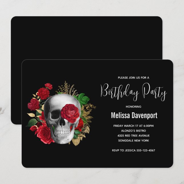 Invitation Goth Crâne avec Roses rouges Anniversaire (Devant / Derrière)