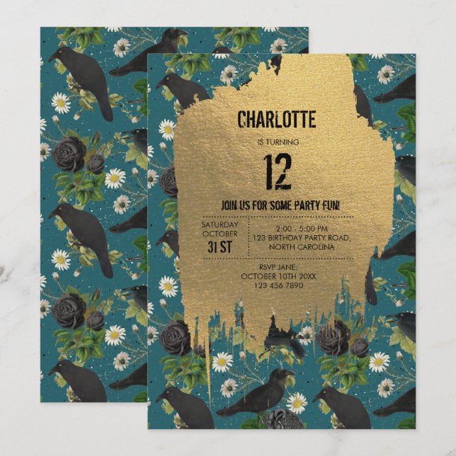 Invitation Goth Crows et Roses noirs Turquoise Halloween Anni (Devant / Derrière)