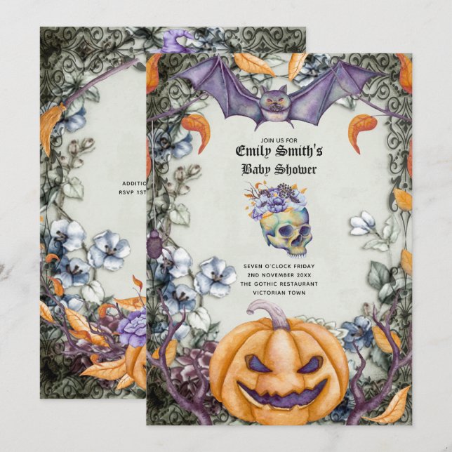 Invitation Goth Halloween Baby shower Crânes violets orange (Devant / Derrière)