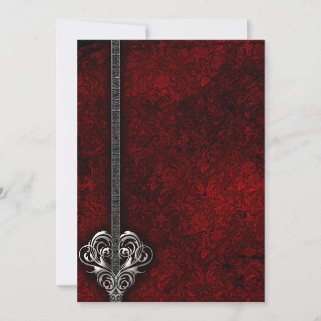 Invitation Goth Red Damask Silver Heart mariage (Devant)