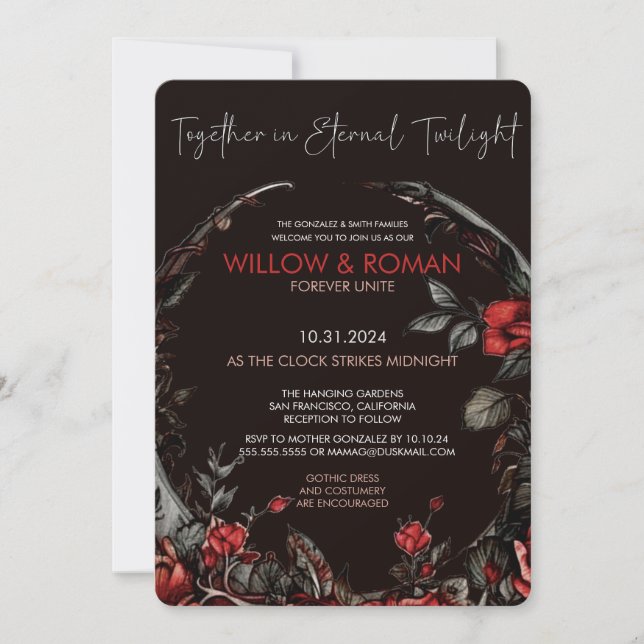 Invitation Goth romantique Rouge et Rose noir Mariage (Devant)