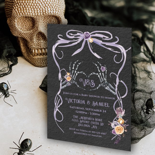 Invitation Goth Skeleton coeur bow aquarelle baby shower (Créateur téléchargé)
