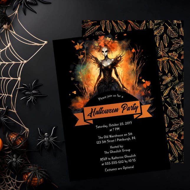 Invitation Gothic Eerie Faerie | Feuilles Soirée Halloween  (Gothic Eerie Faerie and Leaves Halloween Party Invitation)