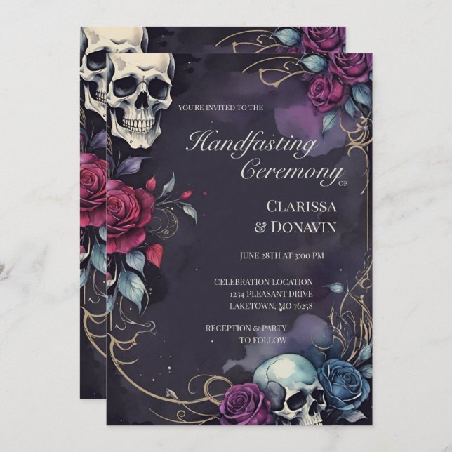Invitation Gothic Elegant Skull & Rose Handfasting (Devant / Derrière)