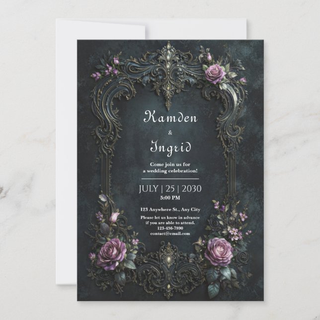 Invitation Gothic Ornate Purple Rose Filigree Wedding (Devant)