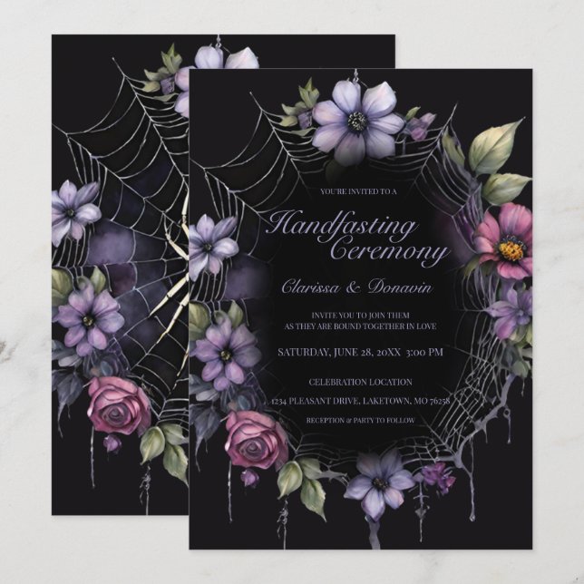 Invitation Gothic Purple Spider Floral Web Handfasting (Devant / Derrière)