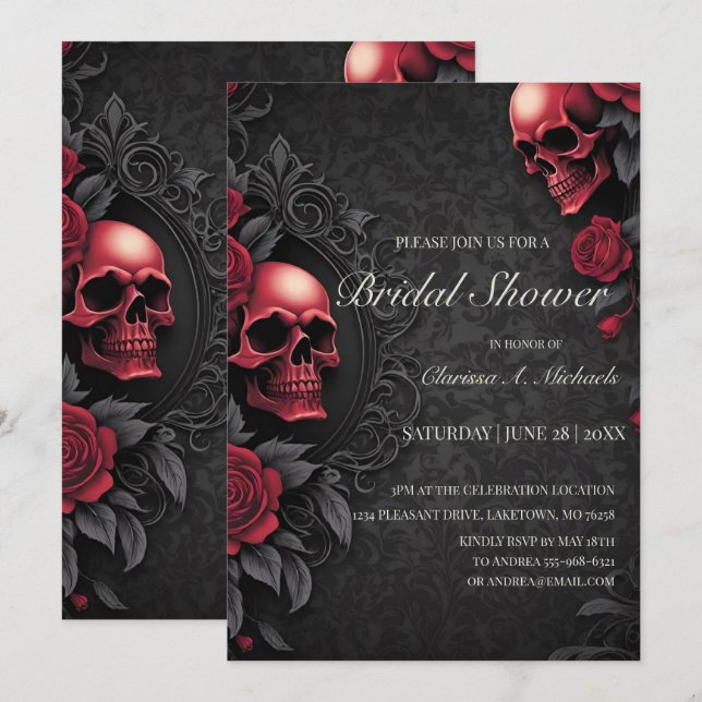 Invitation Gothic Red & Black Skull & Rose Bridal Shower (Devant / Derrière)