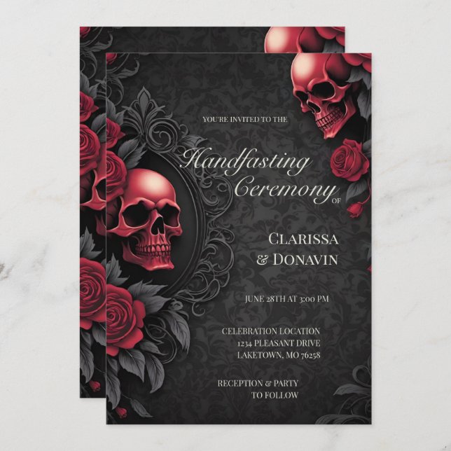 Invitation Gothic Red & Black Skull & Rose Damask Handfasting (Devant / Derrière)
