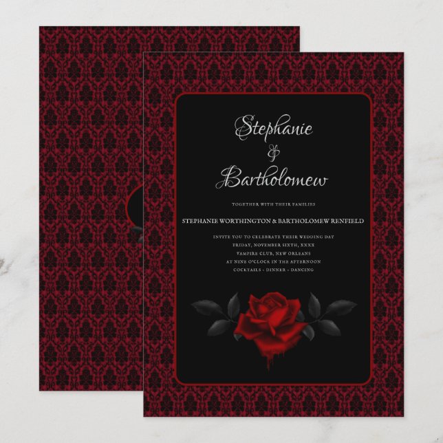 Invitation Gothic Red Damask Rose Wedding (Devant / Derrière)
