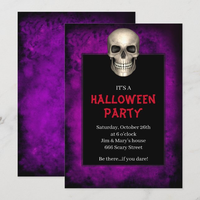 Invitation Gothic Skull Purple Grunge Halloween Party (Devant / Derrière)