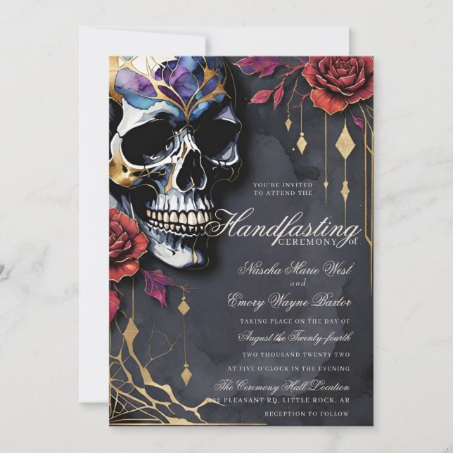 Invitation Gothic Skull & Red Roses Halloween Handfasting (Devant)