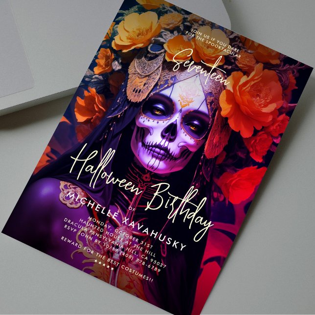 Invitation Gothique Adulte Halloween Anniversaire Orange Lady (Gothic Adult Halloween Birthday Orange Lady Skull Invitation
)