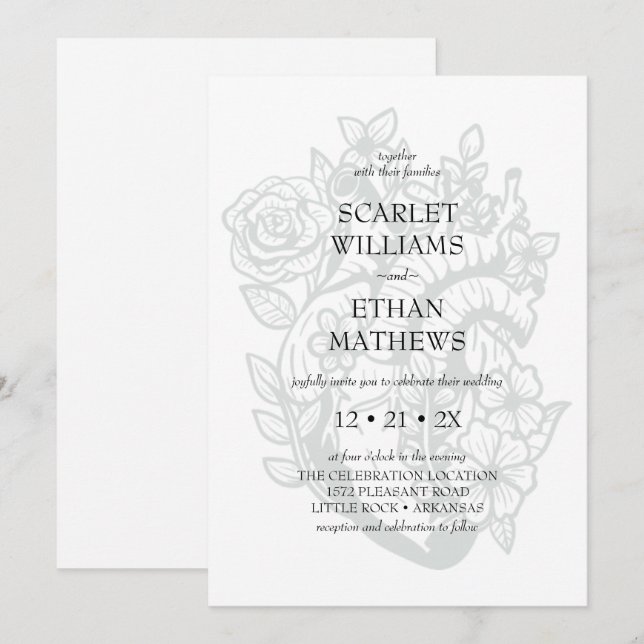 Invitation Gothique Blanc Mariage Moderne Élégant Coeur Flora (Devant / Derrière)