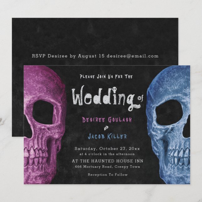 Invitation Gothique Crâne Pink Bleu Halloween Mariage (Devant / Derrière)