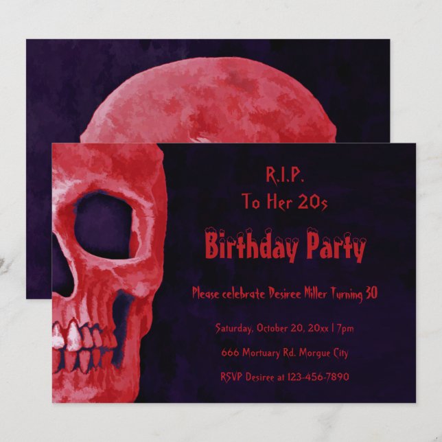Invitation Gothique Crâne rouge Anniversaire RIP à ses 20 ans (Devant / Derrière)