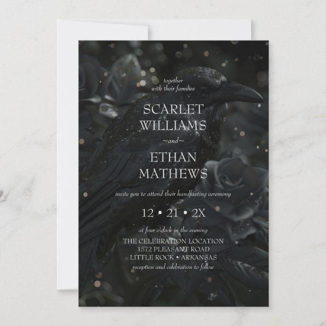Invitation Gothique Elégant Corbeau & Rose Black Handfasting (Devant)