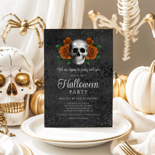 Invitation Gothique Élégant Crâne Floral Noir Halloween