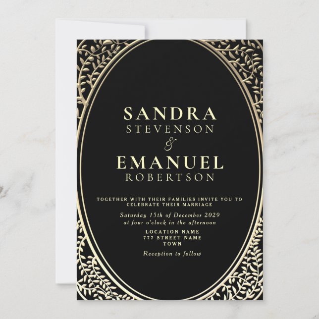 Invitation Gothique Elegant noir et or Mariage (Devant)