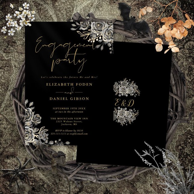 Invitation Gothique Floral Black And Gold (Gothic Floral Black And Gold Engagement Party Invitation)