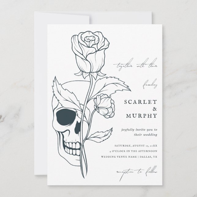 Invitation Gothique Floral Crâne & Monogramme Mariage d'Hallo (Devant)
