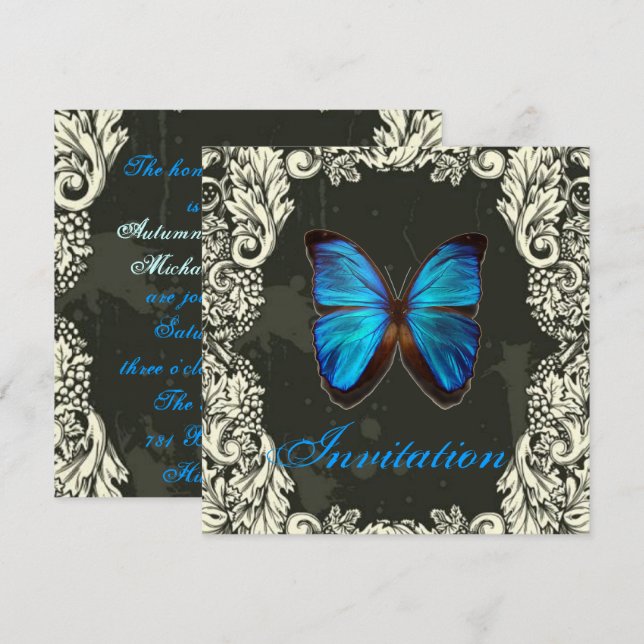 Invitation Gothique Flûtes Bleu papillon steampunk Mariage (Devant / Derrière)