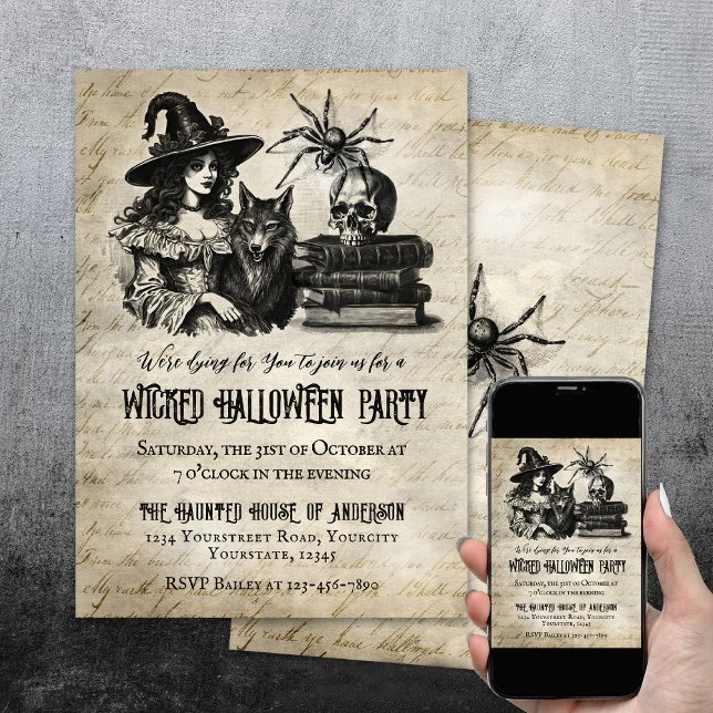 Invitation Gothique Halloween crâne d'araignée de ciel (Halloween party invite with witch wolf skull spider.)