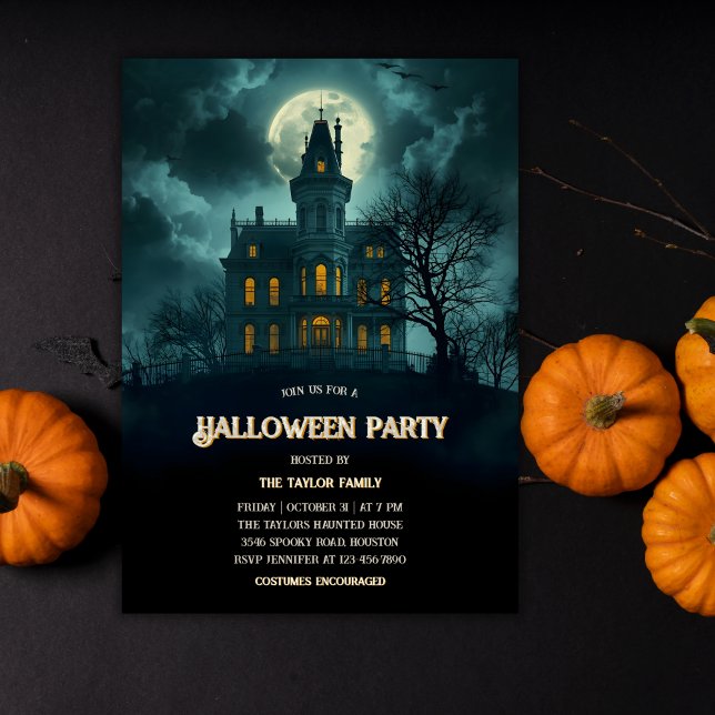 Invitation Gothique Haunted House Halloween Party (Gothic Haunted House Halloween Party Invitation – Full Moon Night | Annual Costume Party)