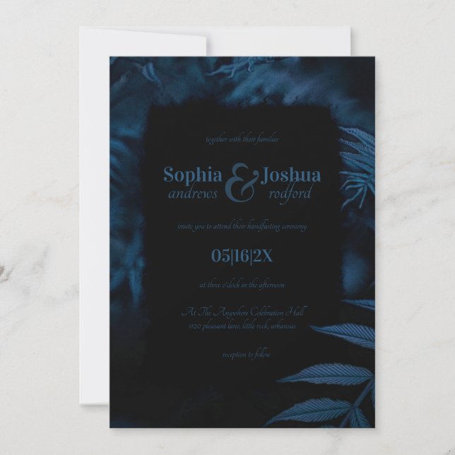 Invitation Gothique Marine Bleu Mariage Feuille foncé à la ma (Devant)