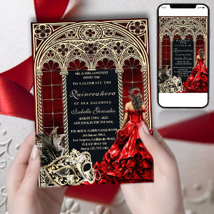 Invitation Gothique Mascarade Quinceañera Rouge Or