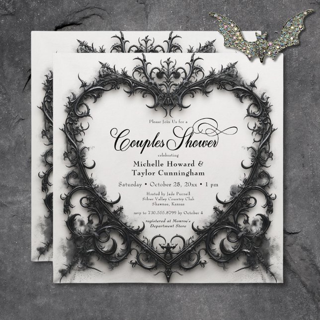 Invitation Gothique Noir & Blanc Filigree Coeur Couples Douch (Gothic Black & White Filigree Heart Couples Shower Invitation)