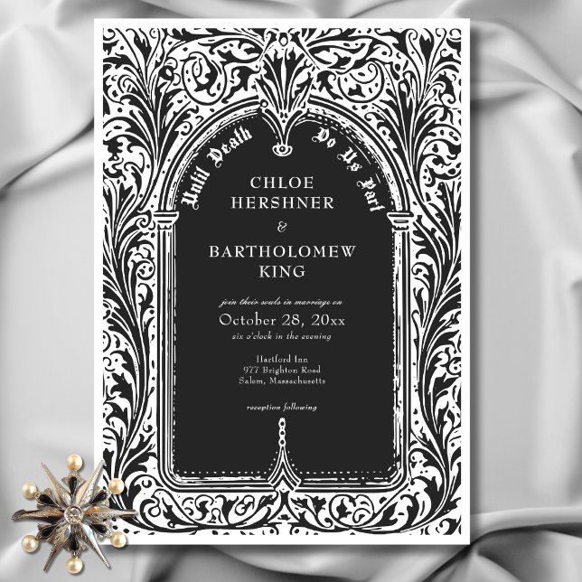Invitation Gothique Noir Blanc Médiéval Jusqu'à la mort Maria (Gothic Black White Medieval Until Death Wedding Invitation)