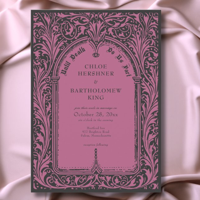 Invitation Gothique Noir Bourgogne Médiéval jusqu'à la mort M (Gothic Black Burgundy Medieval Until Death Wedding Invitation)