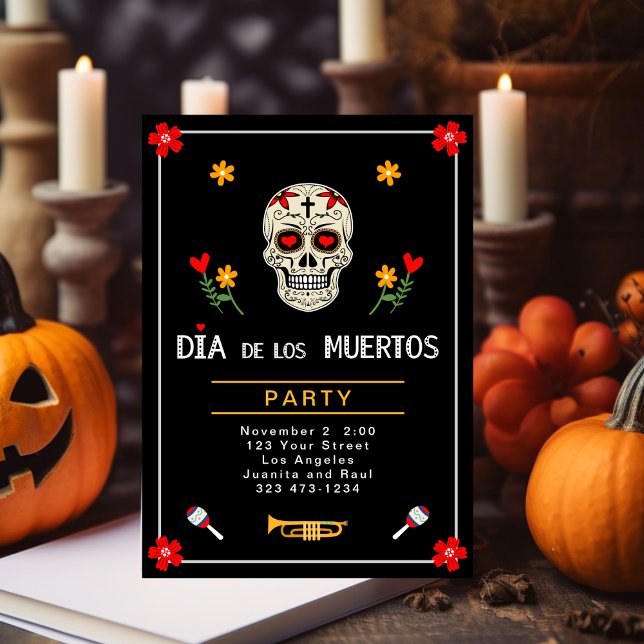 Invitation Gothique noir Dia de los Muertos Sugar Skull Fleur (Créateur téléchargé)