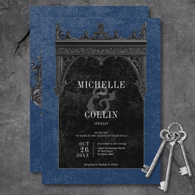 Invitation Gothique Noir Double Arc Noir Rose Bleu Mariage (Gothic Black Double Arch Black Roses Blue Wedding Invitation)