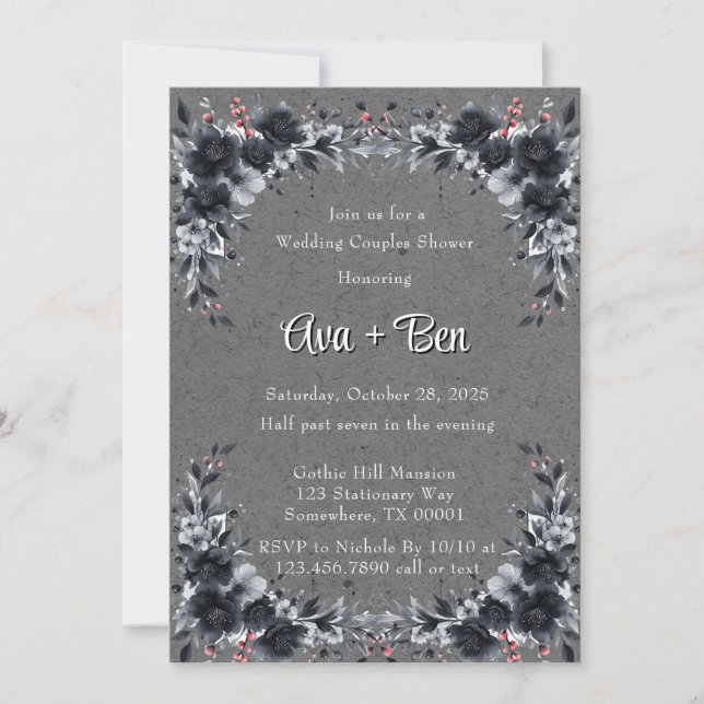 Invitation Gothique Noir Floral Mariage Couples Douche (Devant)