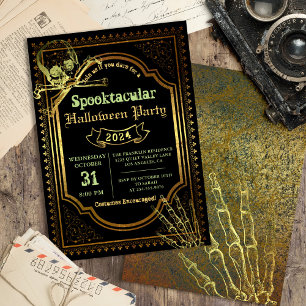 Invitation Gothique Noir & Or Crâne Halloween Costume Party