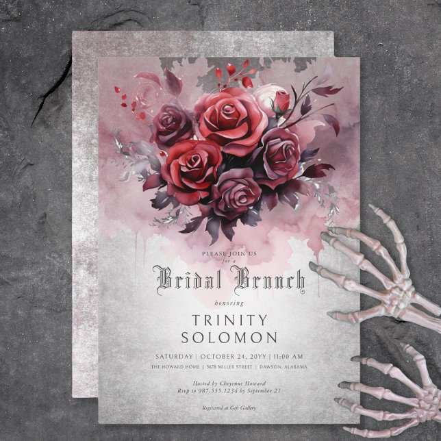 Invitation Gothique Noir & Rose Rouge Floral Brunch nuptial (Gothic Black & Red Rose Floral Bridal Brunch Invitation)