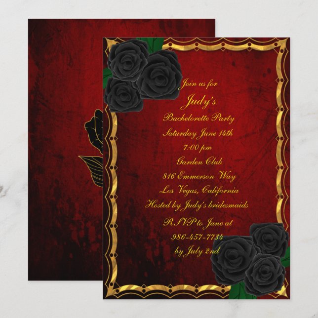 Invitation Gothique Noir Rose Sang Rouge Bachelorette Party (Devant / Derrière)