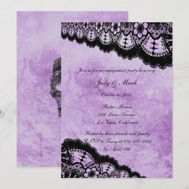 Invitation Gothique Purple Grunge Black Lace (Devant / Derrière)