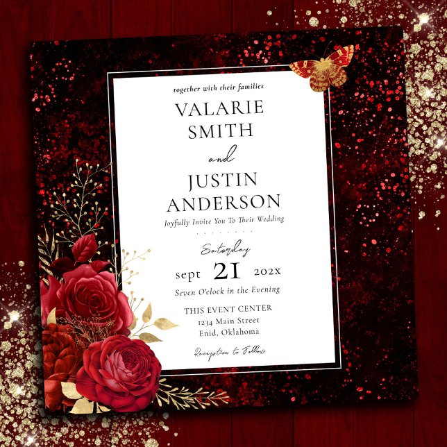 Invitation Gothique rouge éclat Mariage floral tout en un (Créateur téléchargé)