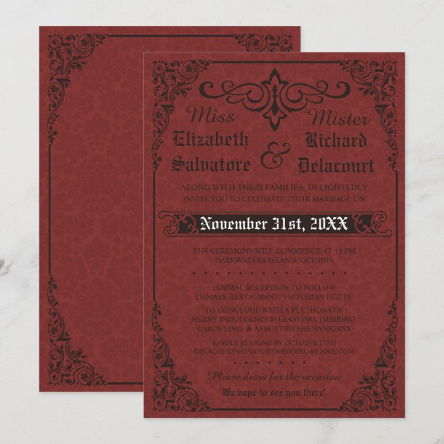 Invitation gothique rouge Mariage damassé victorie (Devant / Derrière)