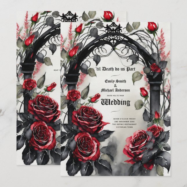 Invitation Gothique Rouge Noir Roses Jusqu'à la mort Faisons- (Devant / Derrière)