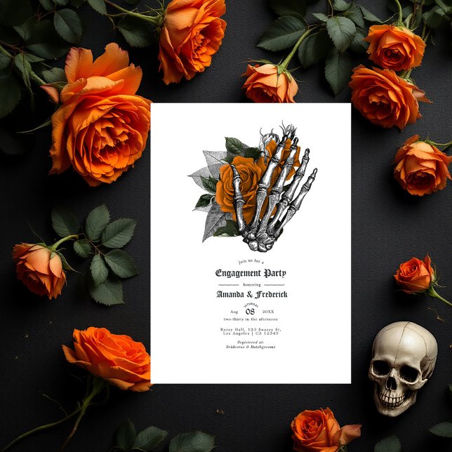 Invitation Gothique Squelette Main et Rose (Gothic Skeleton Hand and Rose Engagement Party Invitation)