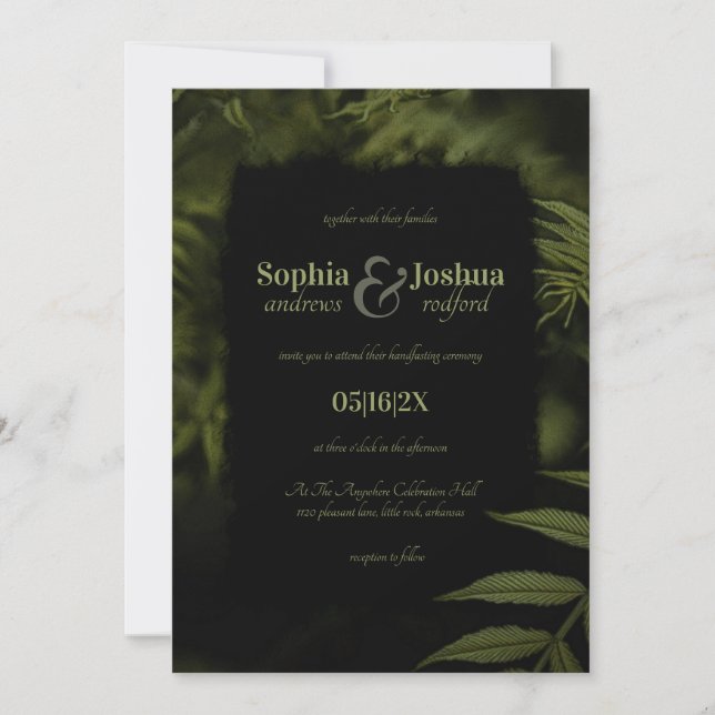 Invitation Gothique Vert foncé Feuille Mariage noir à la main (Devant)