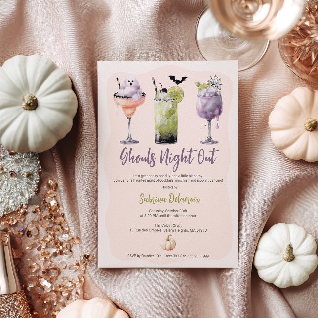 Invitation Gouls Night Out Aquarelle Cocktails Halloween (Ghouls Night Out Watercolor Cocktails Halloween Invitation)
