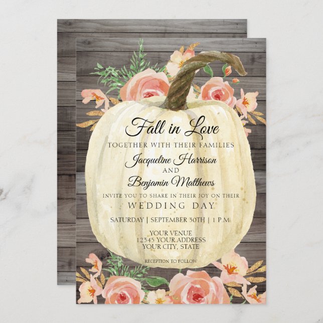 Invitation Gourde Florale Aquarelle Rustique Bois Corail Abri (Devant / Derrière)