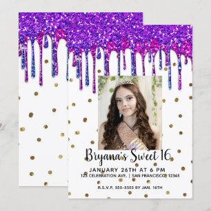 Invitation Goutte de paillettes violettes roses pour l'annive