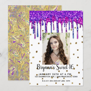 Invitation Goutte de paillettes violettes roses pour photo d'